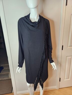 Sarena Williams Women’s Black Fringe Detail Drape Neck Cardigan Duster
